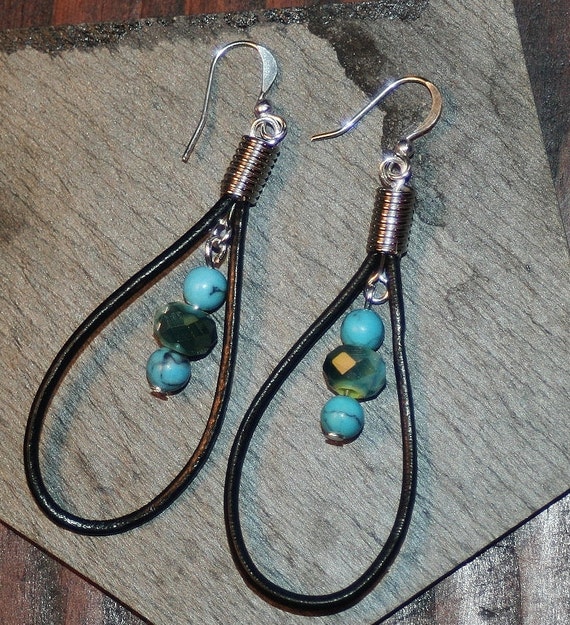 Items similar to Boho Style Black Leather Cord, Czech, Turquoise Dangle ...