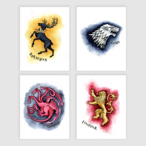 4 Pack Art Prints of Black Stag Sigil, Grey Wolf Sigil, Red Dragon Sigil, Golden Lion Sigil