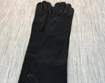 Vintage Long Black Leather Gloves by Van Raalte, Silk Lined