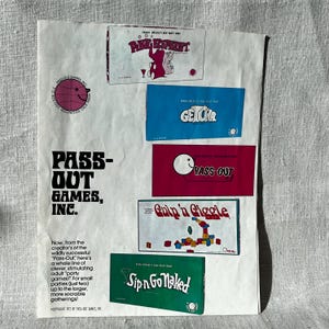 May include: A collection of board game boxes with colorful designs. The games include "Pink Elephant", "Gotcha", "Pass-Out", "Gulp 'n Giggle", and "Sip 'n Go Naked".