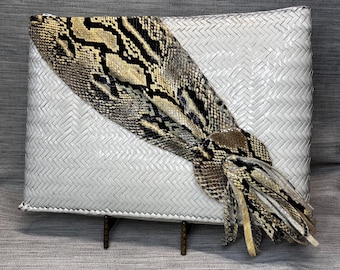 Vintage White Woven Wicker & Snake Skin Clutch by Valerie