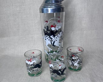 Hazel Atlas The Hunt Cocktail Shaker with 3 Glasses