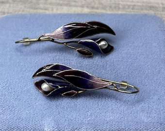 Vintage Sterling Silver, Enamel and Pearl Fish Hook Earrings