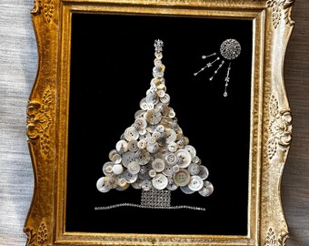 Handmade Shell Button & Bling Christmas Tree Framed