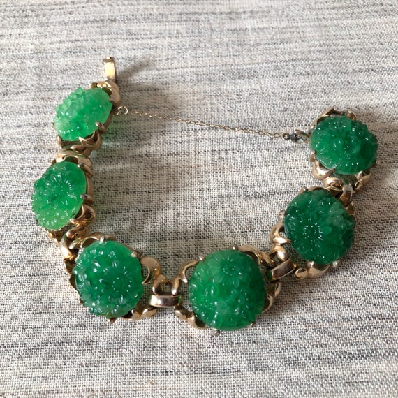 Vintage Reja Green Pressed Glass Bracelet