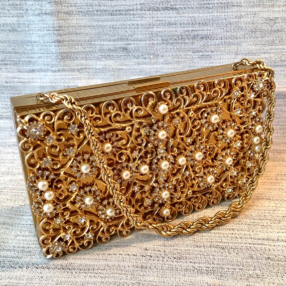 1950s Gold Tone Evans Jeweled Evening Compact Pur… - image 2