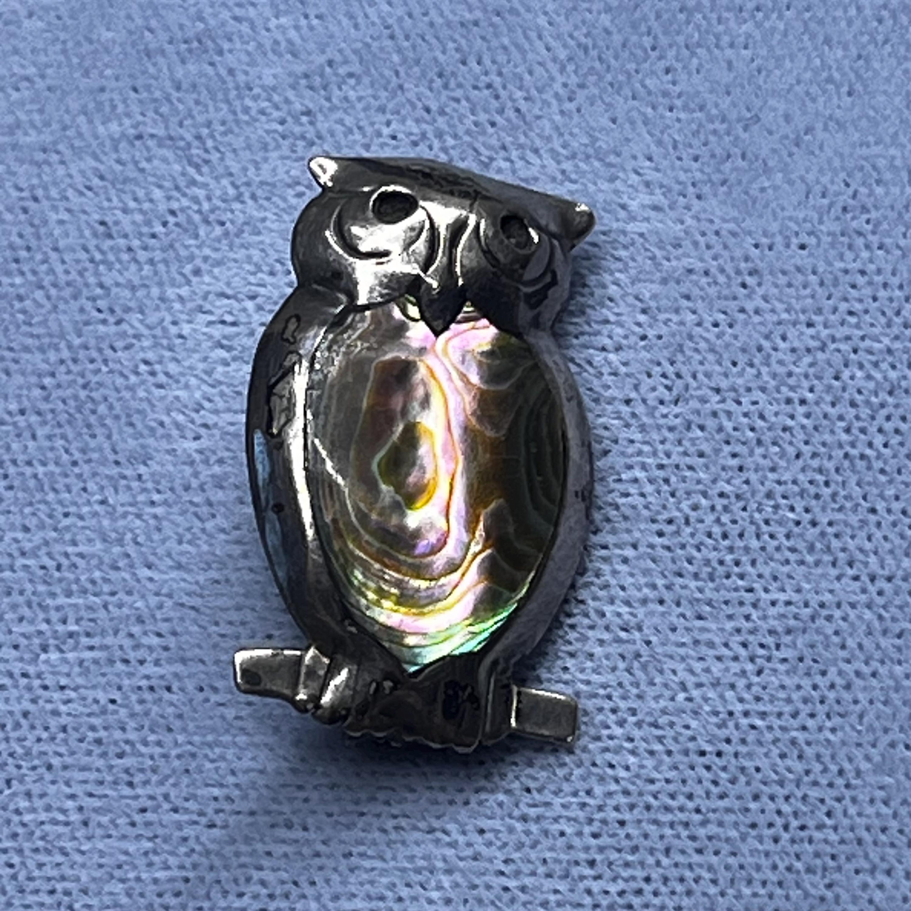 Vintage Taxco Sterling Owl with Mother of Pearl Belly