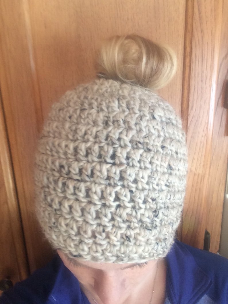 handmade crochet oatmeal color Messy bun hat