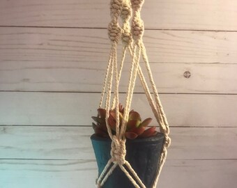Macrame plant hanger with artificial potted succulent