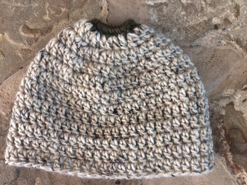 handmade crochet oatmeal color Messy bun hat