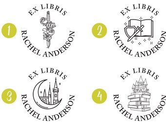 May include: Four different bookplate designs with the text "Ex Libris" and the name "Rachel Anderson". The designs feature a sword and roses, a shield and book, a crescent moon and a castle, and a stack of books with a castle on top.