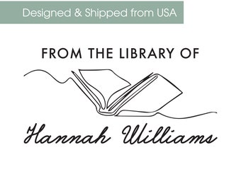 May include: Black and white illustration of an open book with the text "From the Library of Hannah Williams" above the book.