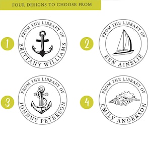 May include: Four different designs for bookplate stamps. Each stamp features a nautical theme with a different image: an anchor, a sailboat, another anchor, and a seashell. The text on each stamp reads "From the Library of" followed by the name of the owner.