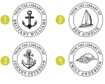 May include: Four different designs for bookplate stamps. Each stamp features a nautical theme with a different image: an anchor, a sailboat, another anchor, and a seashell. The text on each stamp reads "From the Library of" followed by the name of the owner.