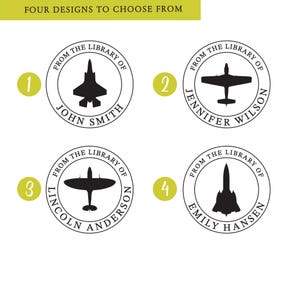 May include: Four different designs for a library stamp featuring a silhouette of a plane. The text on the stamps reads "From the Library of" followed by the name of the person. The designs are numbered 1 through 4.