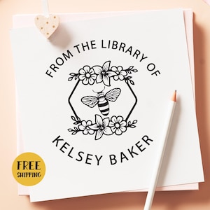 Custom BEE BOOK EMBOSSER - Floral Embosser, Bee Monogram Embosser, Bee Library Embosser Stamp, Ex Libris Bee Embosser, Self Inking Stamp 106