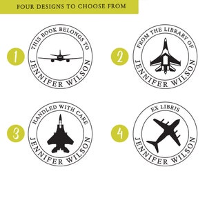 May include: Four different designs for a bookplate featuring a plane silhouette and the text "Jennifer Wilson". The designs include "This book belongs to", "From the library of", "Handled with care", and "Ex libris".