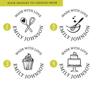 May include: Four different designs for a custom rubber stamp. Each stamp features a different baking-themed image: a whisk and rolling pin, a mixing bowl, a cupcake, and a cake. The text "Made with Love" and "Emily Johnson" are included in each design.