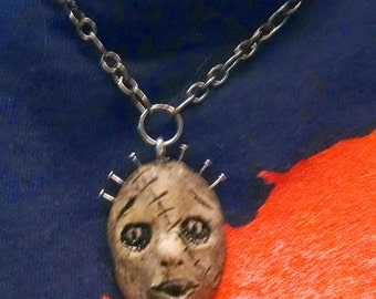 All Handmade pinhead doll necklace~  creepy little pinhead guy doll with stitched face