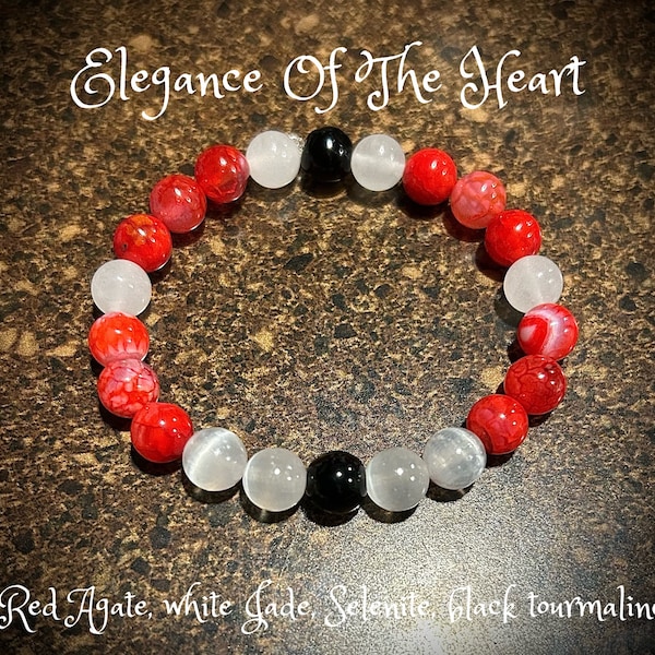 On sale~ Red Love crystal bracelet ~ 8mm top AAA quality Selenite , red agate, jade, tourmaline crystal bracelet