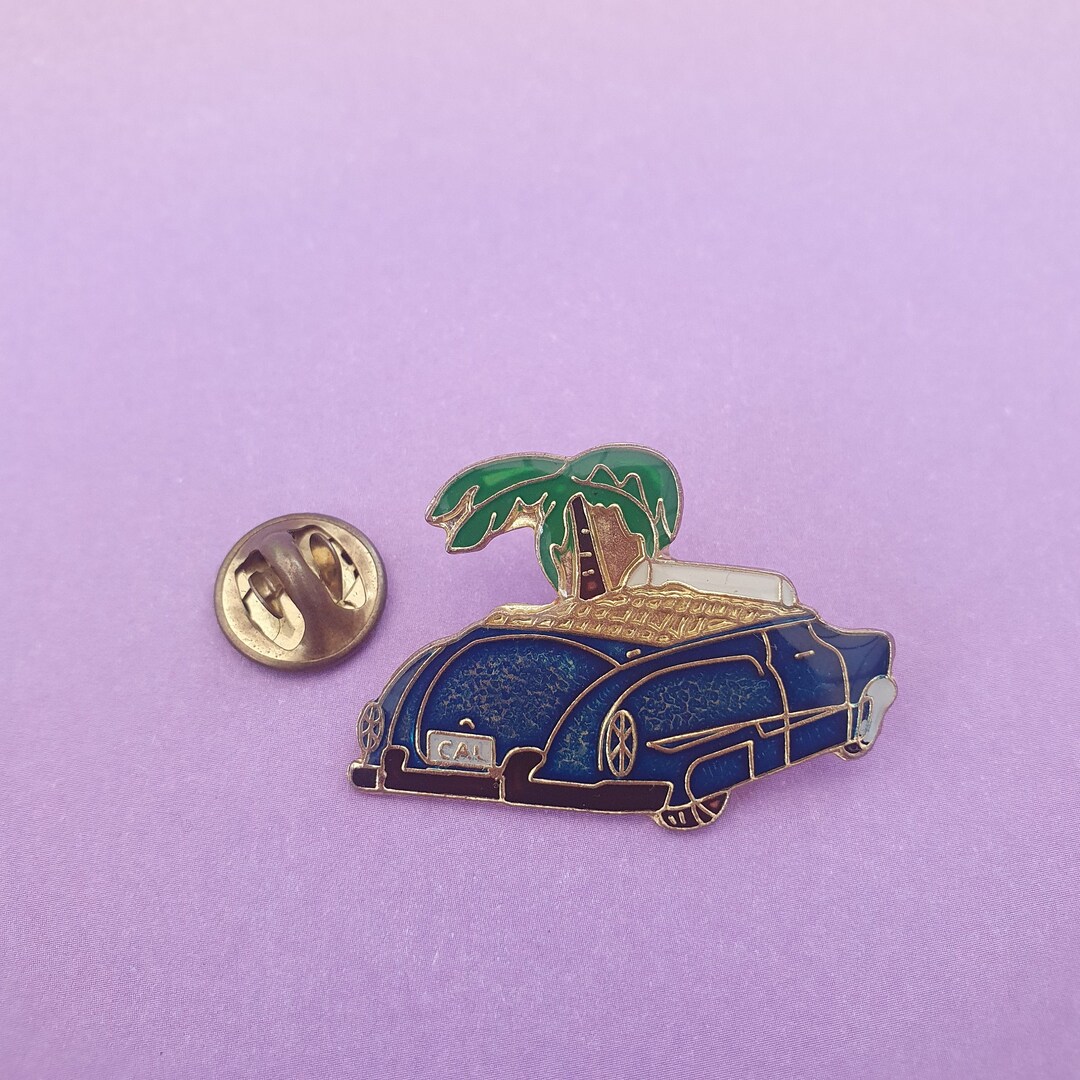 Vintage Car Pin Badges Blue Cadillac and California Palm Tree Shell Pin