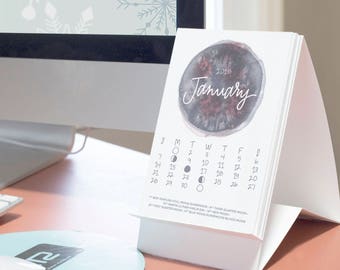 2018 Calendar, Lunar Calendar, Desk Calendar, 12-Month Calendar, Calendar with Stand, Moon Phases, Moon Calendar, Office Decor, Watercolor