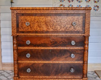 Antique 1866 Bird's Eye Maple & Cherry Empire Chest of Drawers w/ Chunky Glass Knobs Signed by Maker