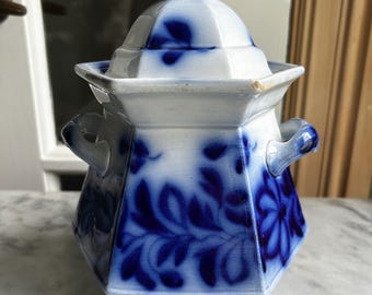 Antique 19th Century J. Heath Flow Blue Brushstroke Heath's Flower Octagonal Sugar Bowl