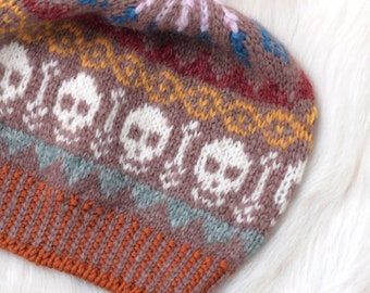Brown alpaca hat with white skulls for Halloween, hand knit colorwork hat for kids, teen or women S, ready to ship