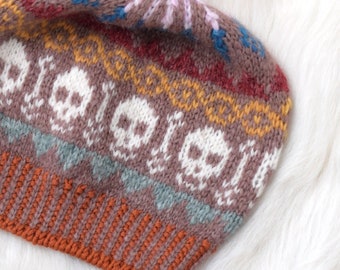 Hand Knit Alpaca Halloween Hat: Brown Skull Colorwork Beanie