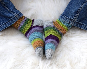 Handknit kids socks, colored stripes, thin wool socks in cool colors, stay-on socks, winter wool socks for kids and teen