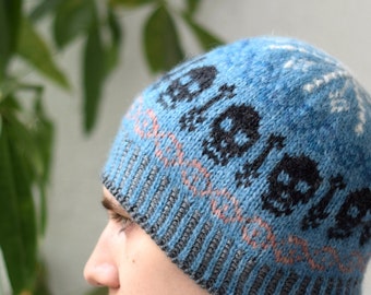 Hand Knit Halloween Skull Hat: Alpaca Wool Colorwork Beanie