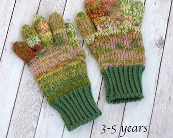 Handgestrickte Wollhandschuhe, Kinder gestreifte Wolle Winterhandschuhe in grün und einzigartigen Farben, sofort versandfertig in Größe Kid's 3-5 Jahre