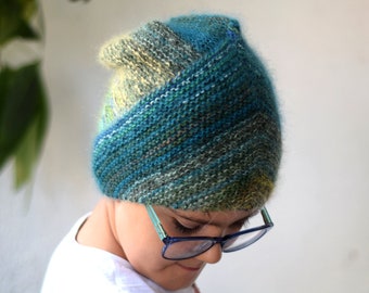 Slouchy beanie hat hand knitted in fluffy mohair-wool, pine-green striped beanie hat, exclusive unique gift idea, winter knit hat