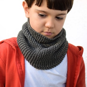 Kids cowl scarf hand knit from soft wool, for boys and girls, merino wool tube scarf in grey, blue, red, cream, green, yellow image 1