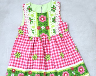 Girls cotton dress, sleeveless dress with pockets, girls tunic dress with flowers and lace, ready to ship in size 18-24 month