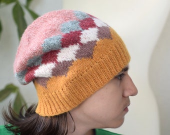Slouchy alpaca hat for women or teen, hand knit colorful hat with scallops, ready to ship