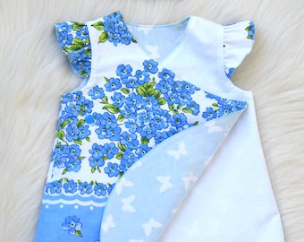 Blue reversible dress with flowers and butterflies, infant dress w flutter sleeves, cotton frock, girls tunic dress, size 3-6 months