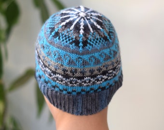 Wool beanie hat for kids in blue and gray colorwork, hand knit skull cap with geometric motifs, fits from toddler to 10 years ready to ship