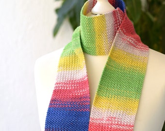 Rainbow cotton scarf for kids hand knit with two sides, autumn scarf for boho look, Ready to ship