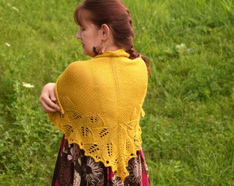 Wool shawl with lacy leaf edging. Choose mustard or burgundy boho shawl.