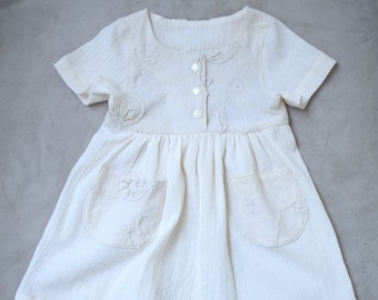 Girls cotton dress, short sleeve dress with pockets, girls off white tunic dress with embroidery, ready to ship in size 12-18month