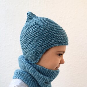 Teal blue earflap hat, alpaca and wool kids pixie hat, toddler hat, chunky hat, choose size and color image 1