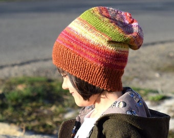 Colorful slouchy hat, hand knit wool hat, scrappy hat, one size for kids, teen or women, soft wool beanie, kids hat for school