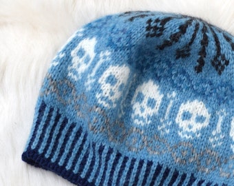 Hand Knit Halloween Skull Hat: Alpaca Wool Colorwork Beanie