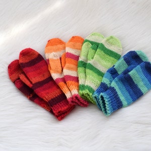 Hand knit toddler gloves, childrens mittens in rainbow, wool kids mittens, mittens with string, medium thick winter mitts image 10