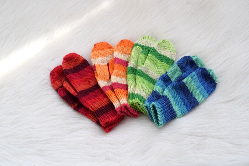 Hand knit toddler gloves, childrens mittens in rainbow, wool kids mittens, mittens with string, medium thick winter mitts image 10