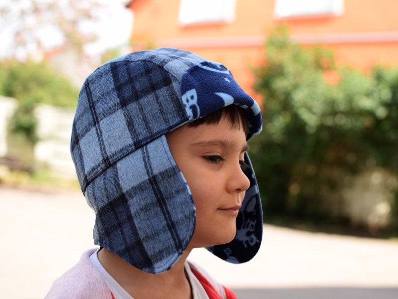 Blue aviator hat, winter hat with earflaps, plaid hat, ufo print lining, newborn to adult sizes trapper hat, Made to order image 1