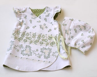 Green reversible dress, infant dress, colorblock dress, green cotton dress, baby girls dress or dress and bonnet set, choose size