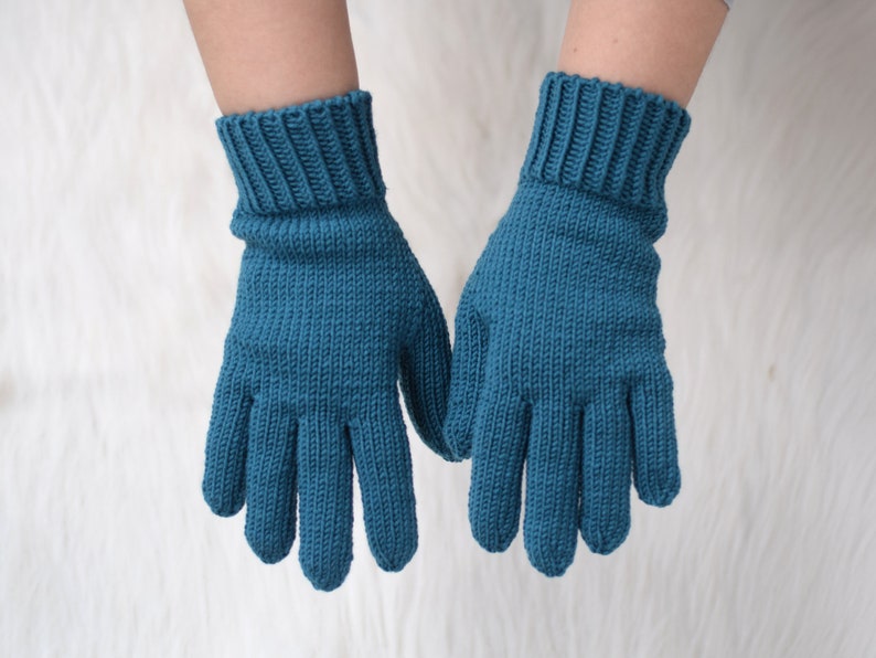 Hand knit gloves for women, teal merino wool gloves, winter gloves, size women S ready to ship image 2